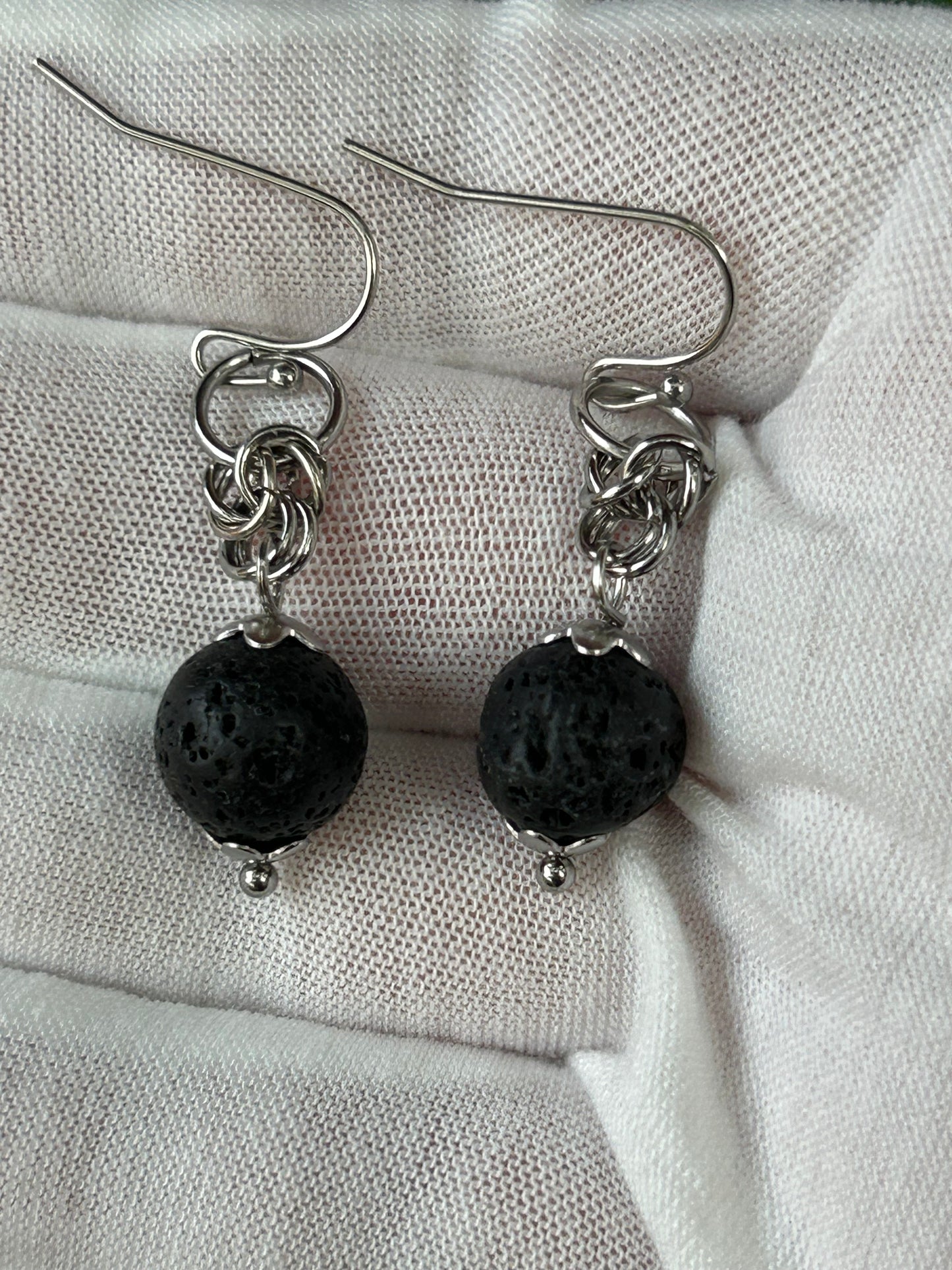 small black lava bead drop earrings set in silver