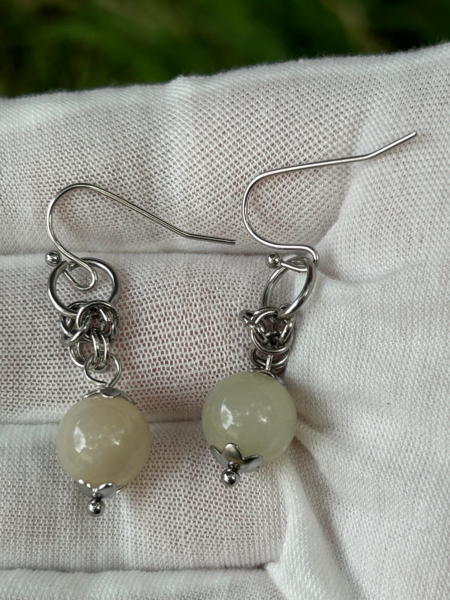 Small round bead Moonstone Surgical Stainless Steel drop Earrings