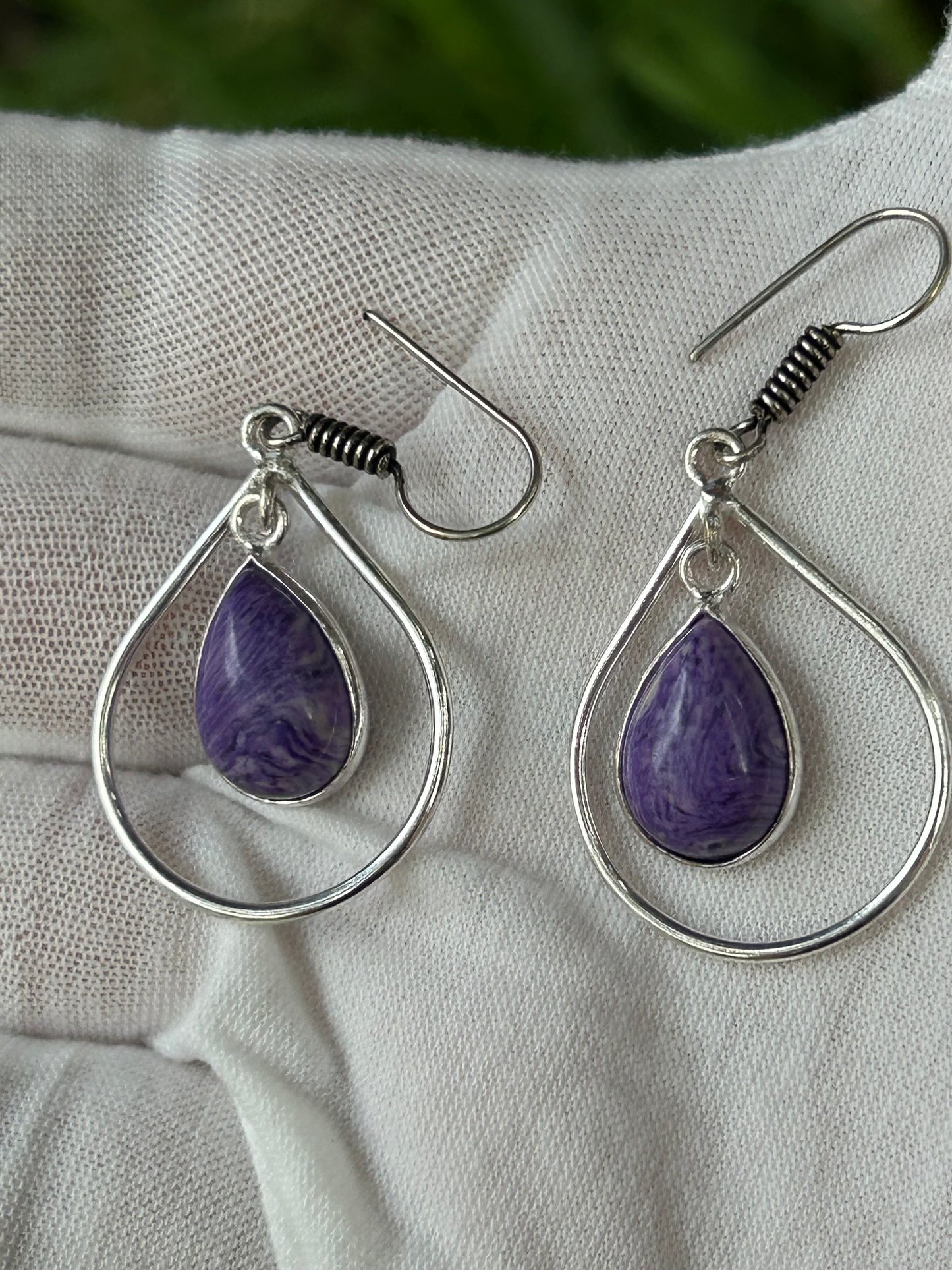 Charoite tear drop water drop drop earings encircled with silver tear drop water drop
