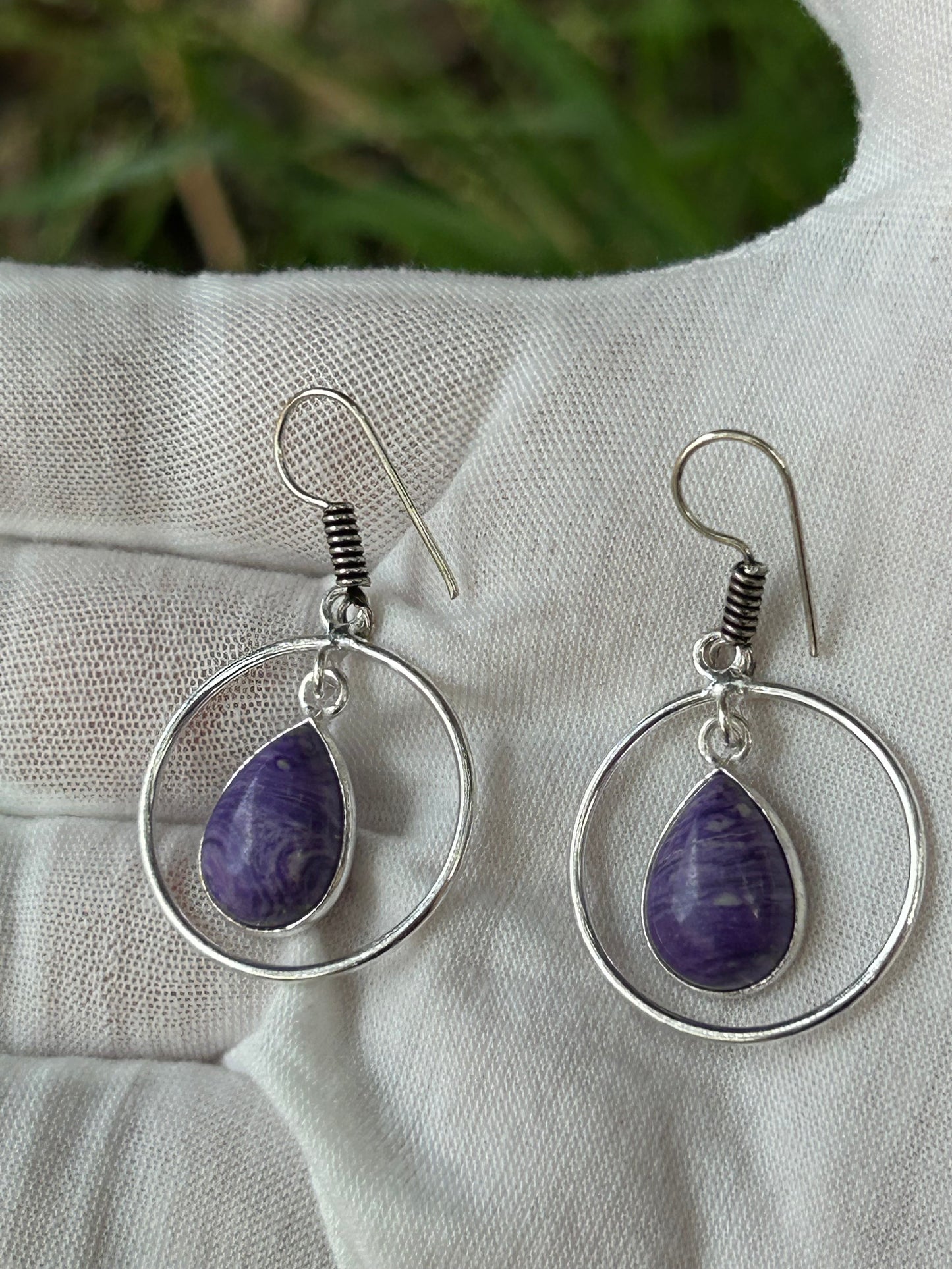 charoite tear drop water drop earrings surrounded by sterling silver circle