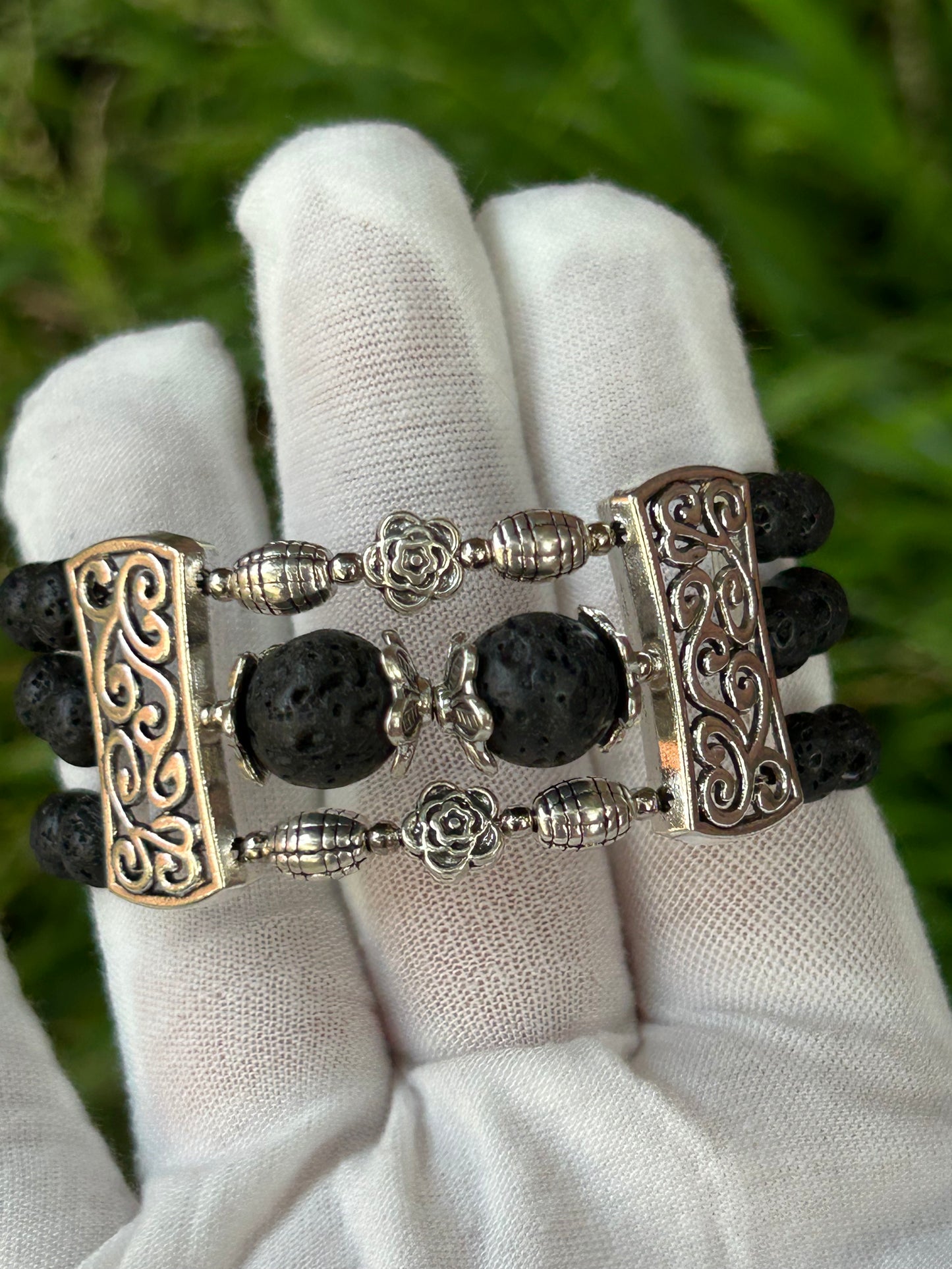 Triple Loop Lava Rock intricate Antique Silver Bracelet