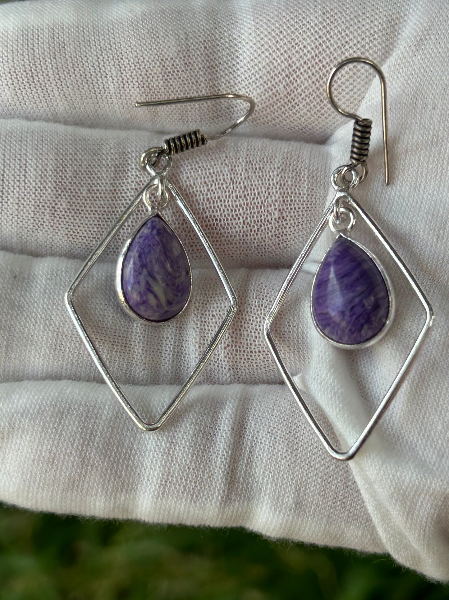charoite tear drop water drop earrings surrounded by sterling silver diamond