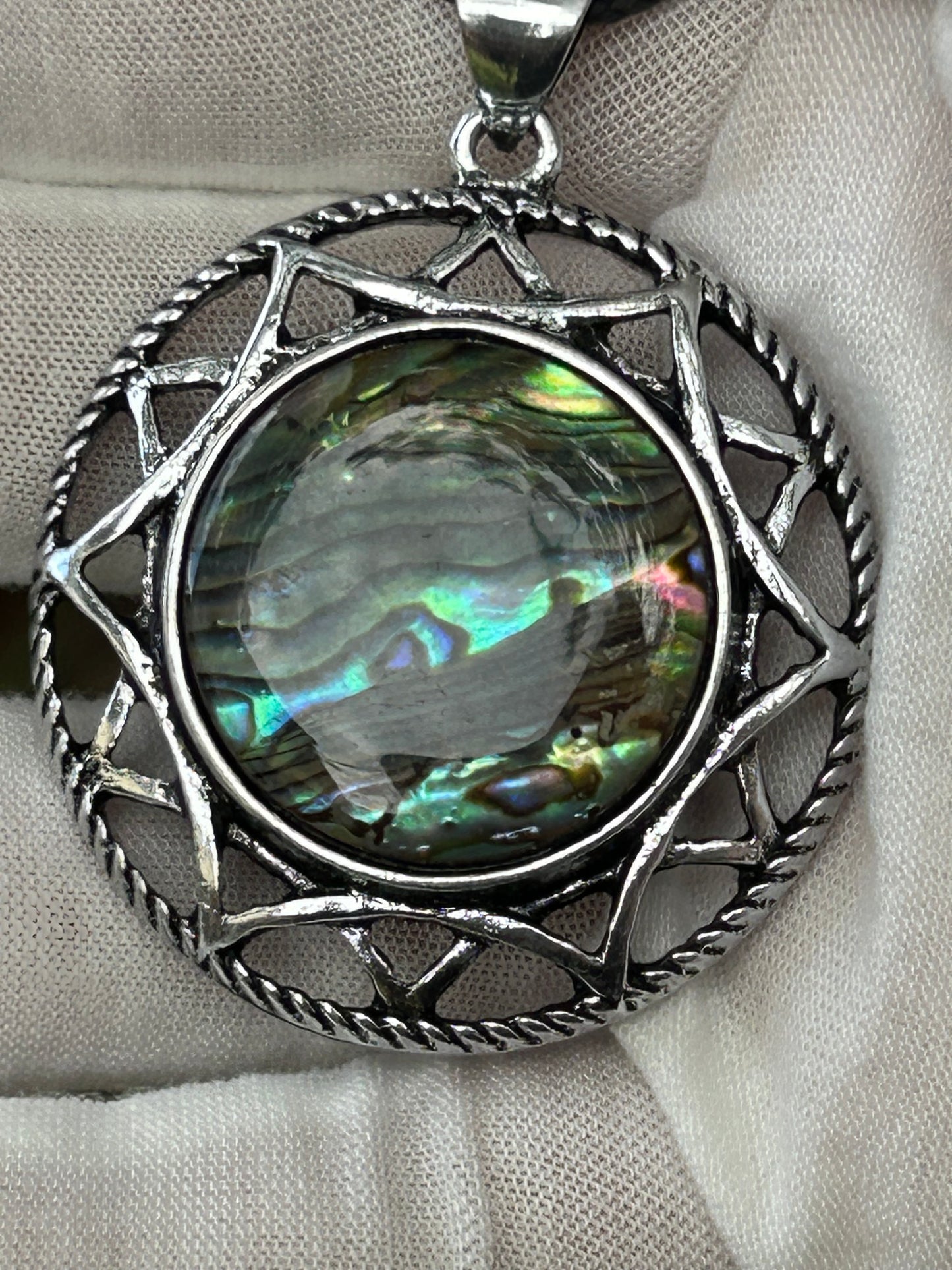 Large Brightly coloured Paua Abalone Shell Pendant in unique antique silver setting