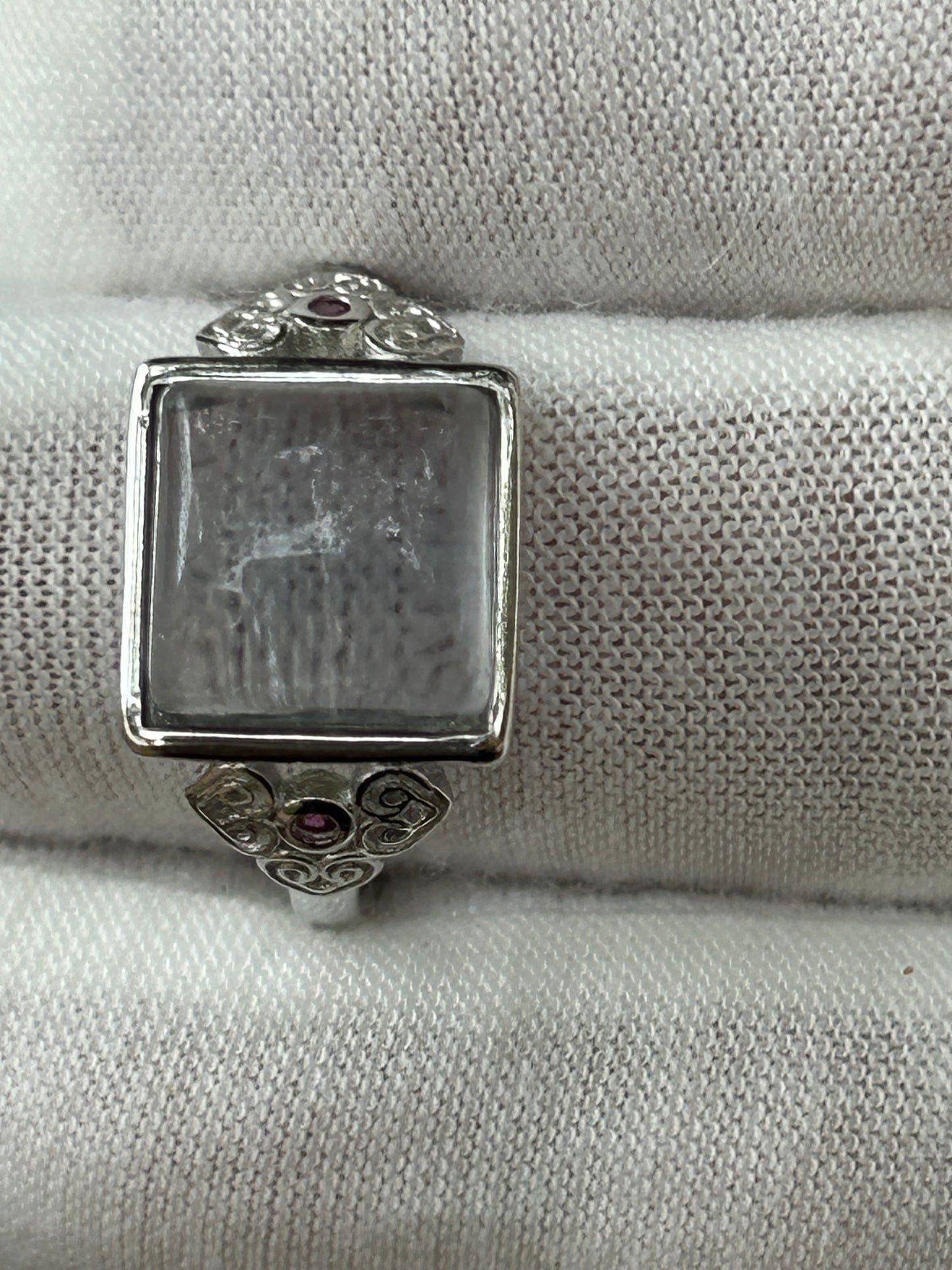 square Rainbow Fluorite 925 Sterling Silver Plated adjustable ring unique design