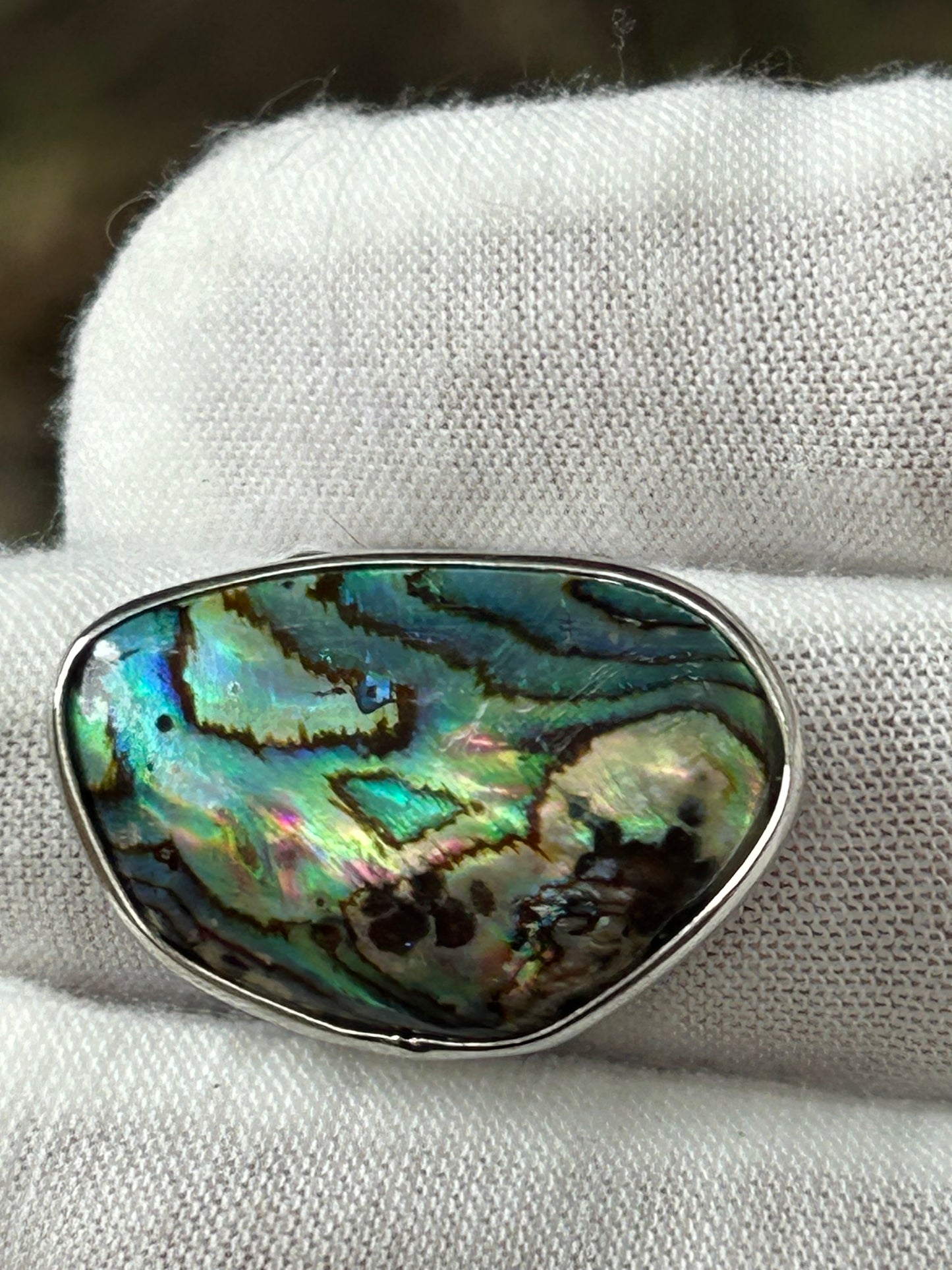 Vibrant Brightly coloured irregular shape Paua Abalone Shell adjustable ring set in silver
