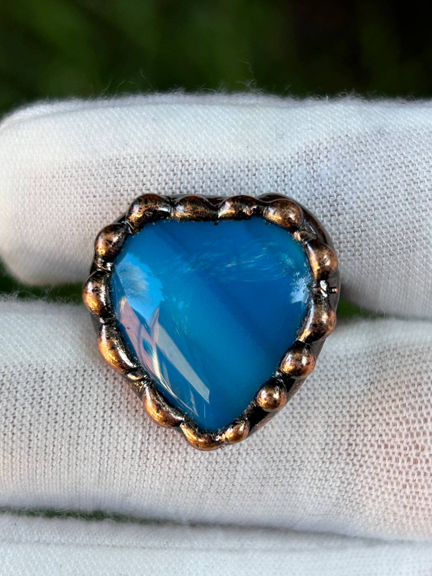 Blue striped Agate Heart shapedf Antique rustic Copper Solder Ring
