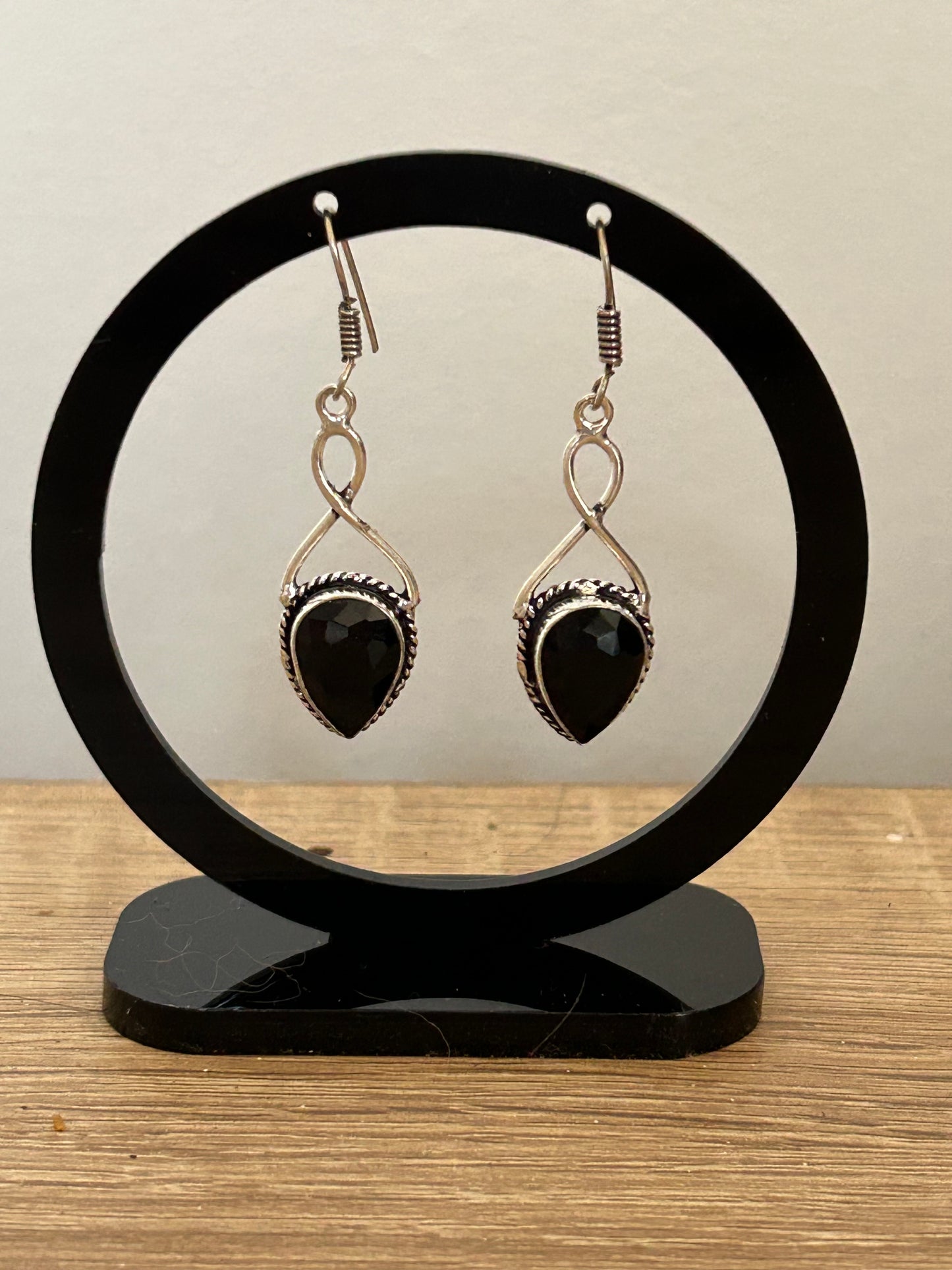 artistic black spinel and silver handmade drop earrings tear drop raindrop shape