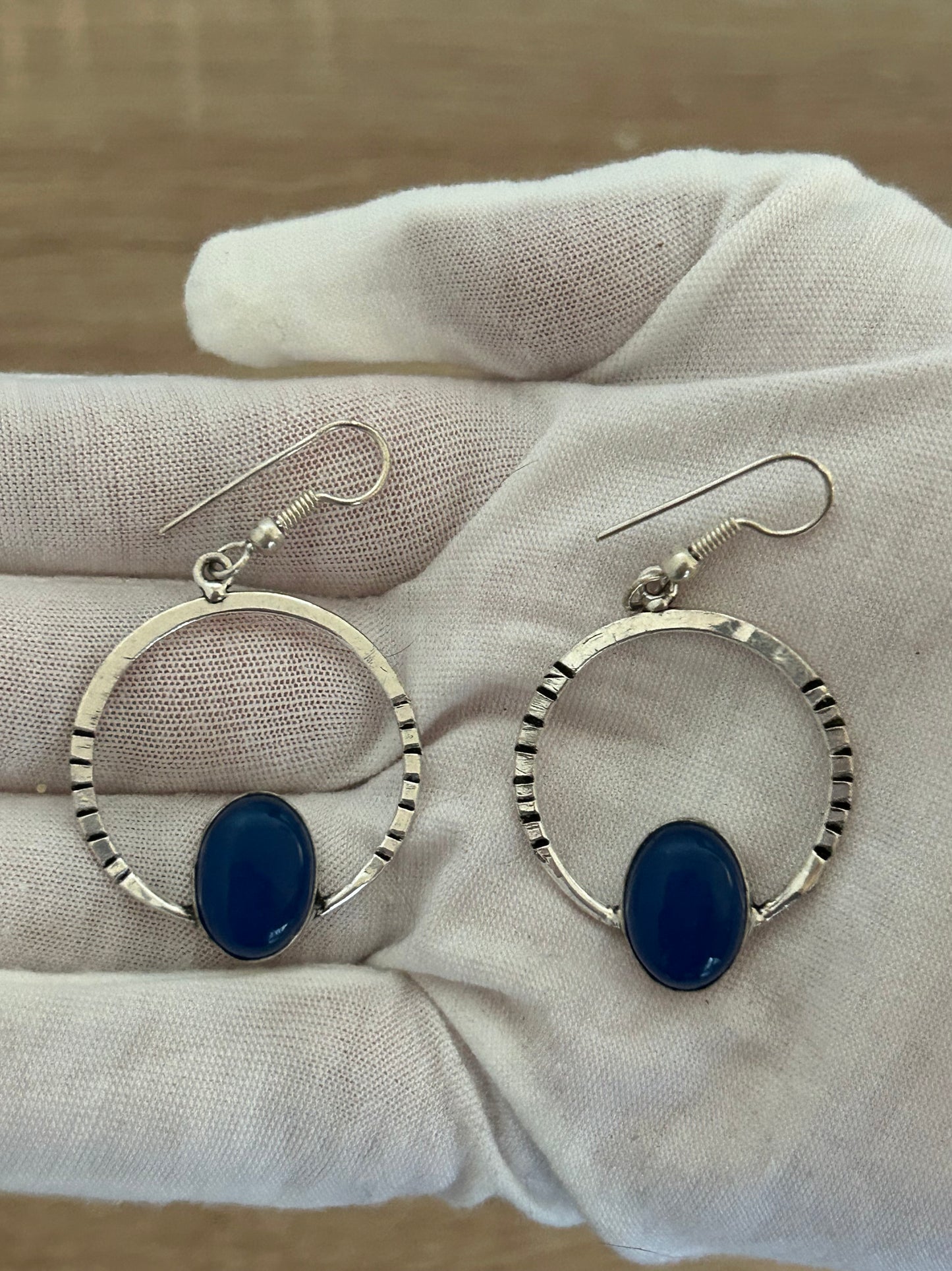 Polished Blue oval Chalcedony gems set in round hoop 925 Sterling Silver Earrings