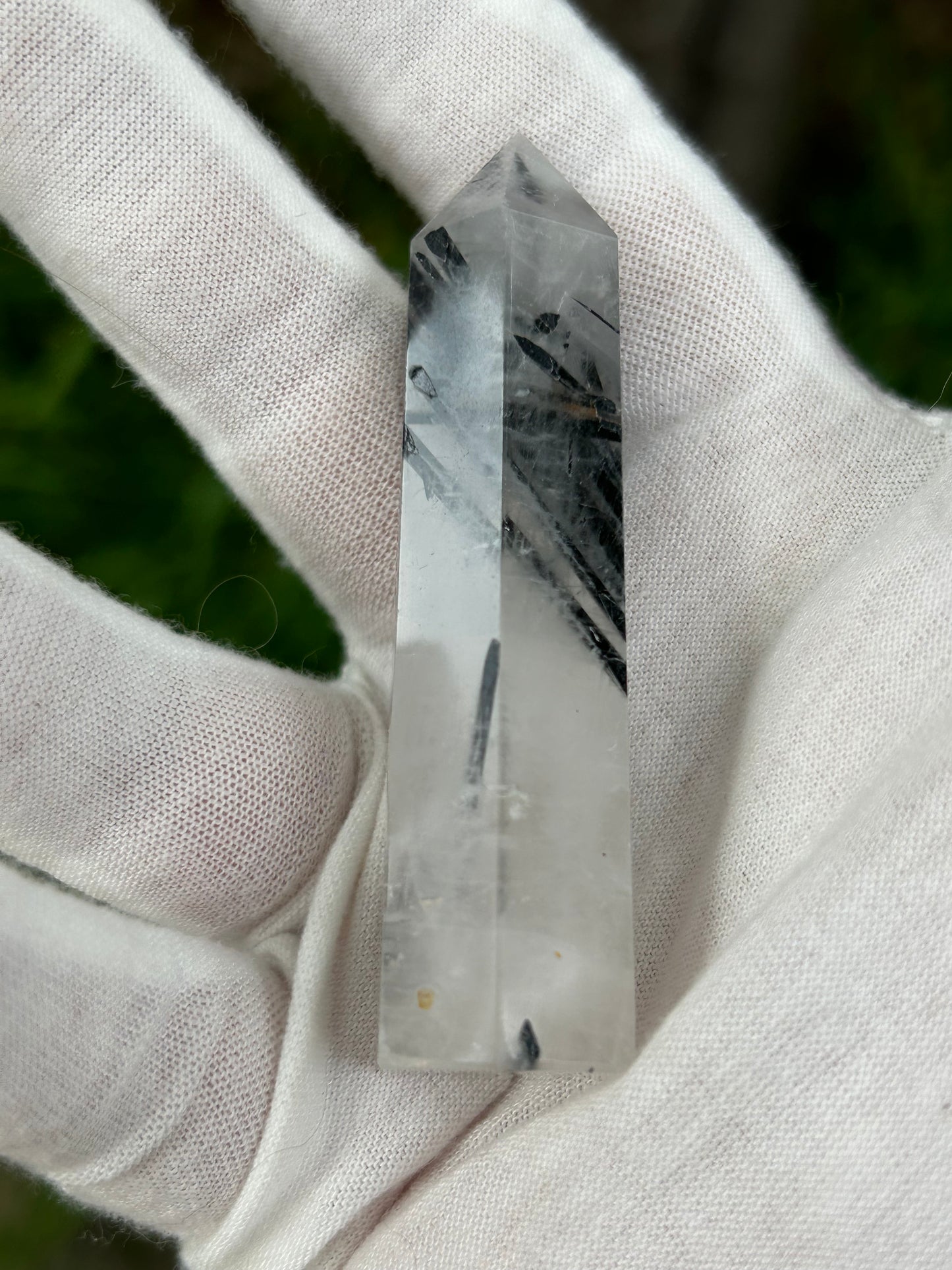 Tourmalated crystal point black tourmaline in white qaurtz obelisk