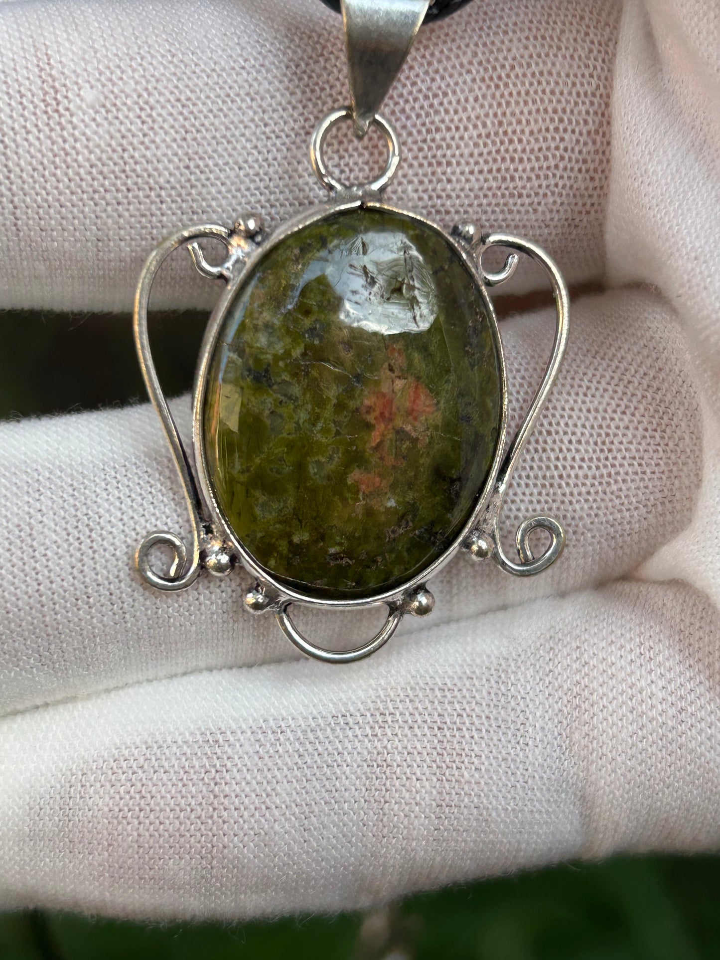 Unakite green orange pink Oval ornate 925 Sterling Silver Plated Pendant