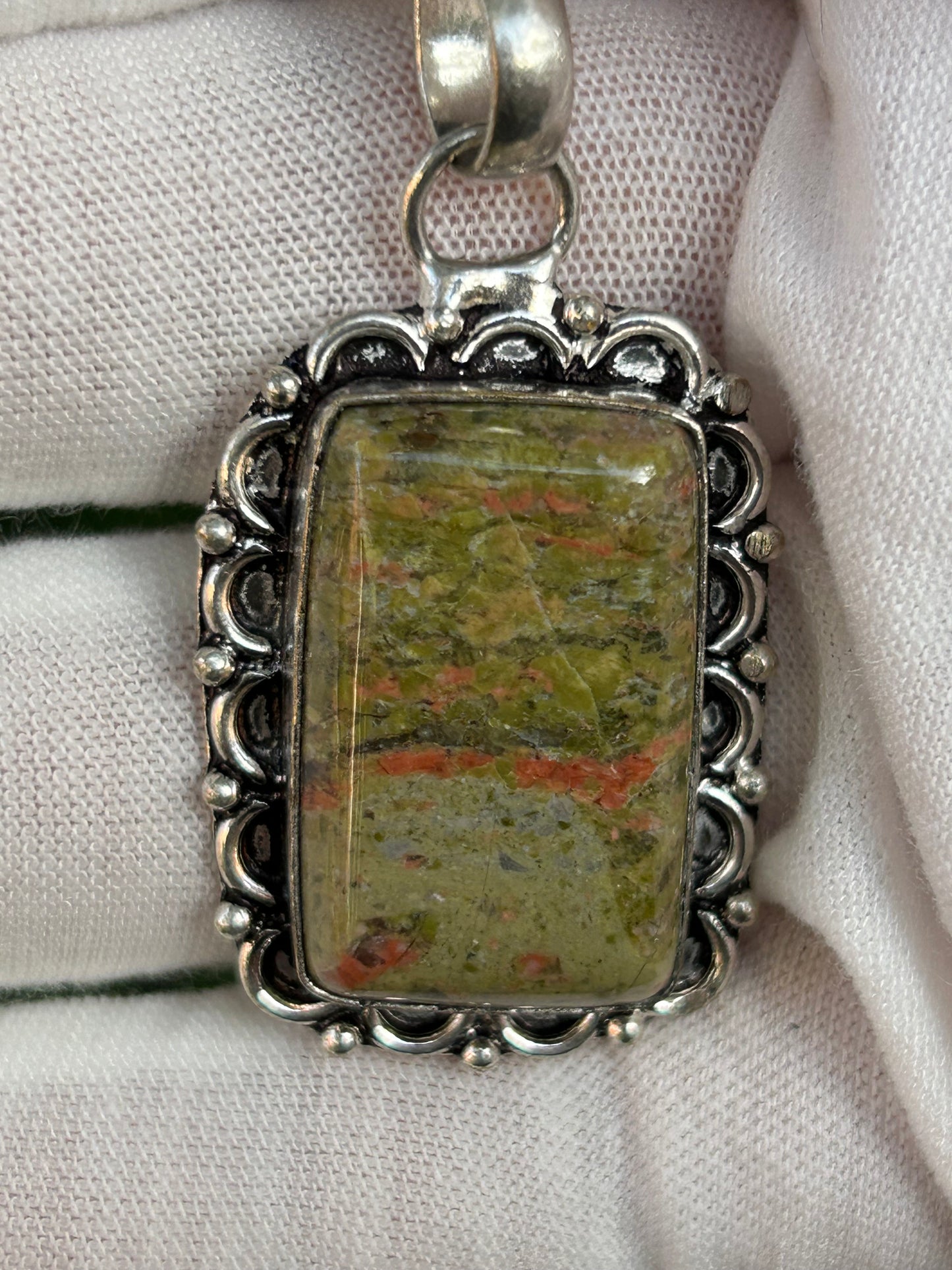 Unakite green orange pink Rectangular ornate 925 Antique Sterling Silver Plated Pendant