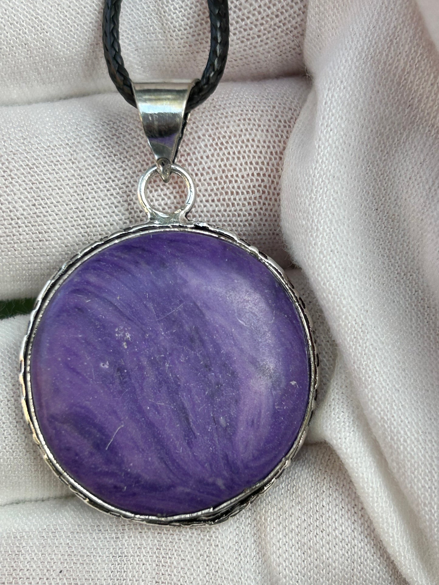 Charoite purple stone round pendant antique silver setting