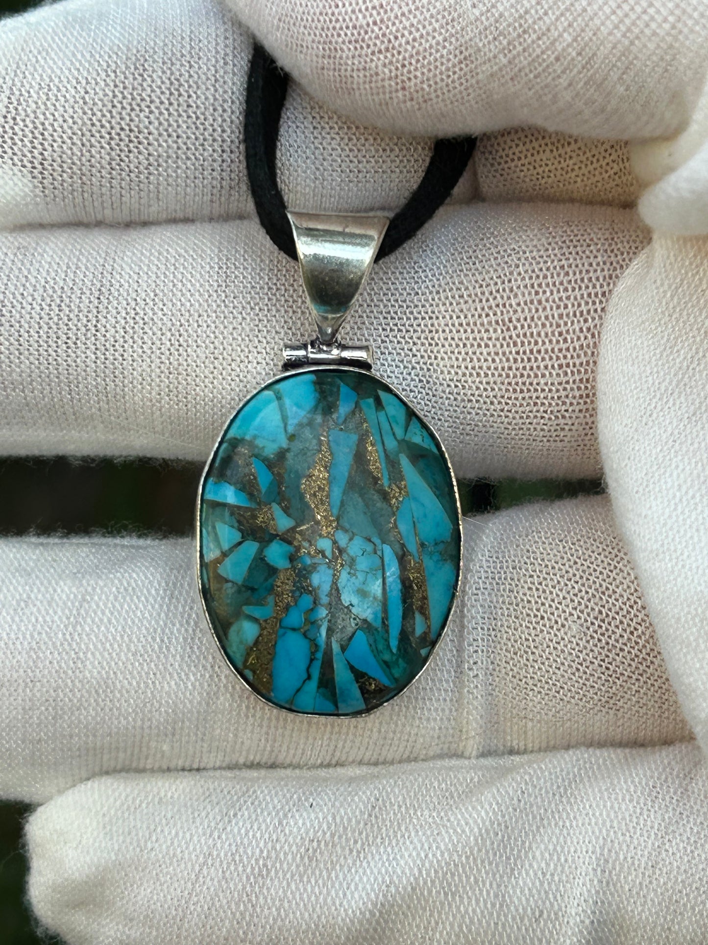 Blue Copper Turquoise Handmade 925 Sterling Silver Plated oval Pendant