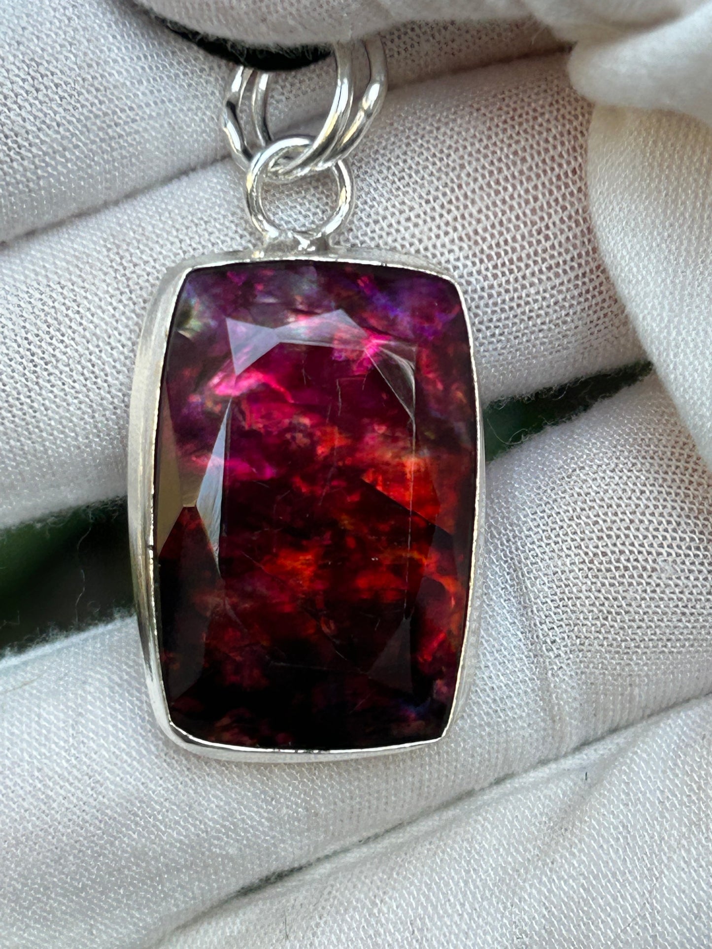 Faceted Purple pink and orange tones Ammolite Pendant in Sterling Silver Square settingSetting