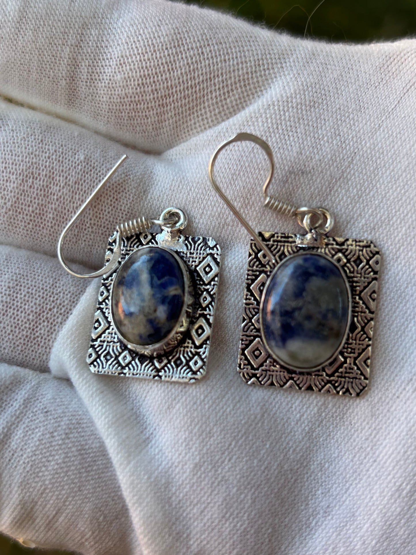 Sodalite with patterned 925 Sterling Silver Plating Earrings