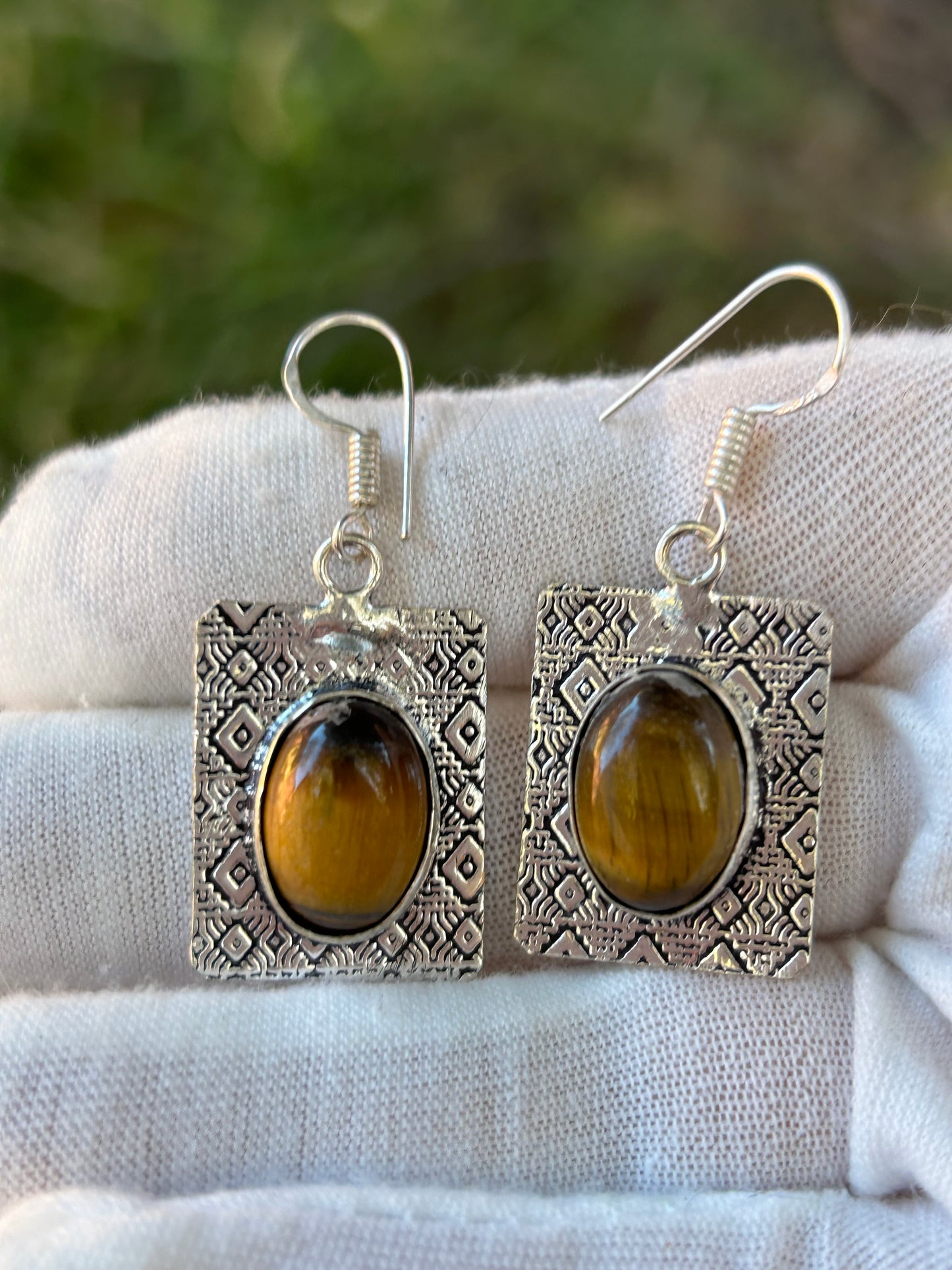 Tiger Eye with patterned 925 Sterling Silver Plating Earrings