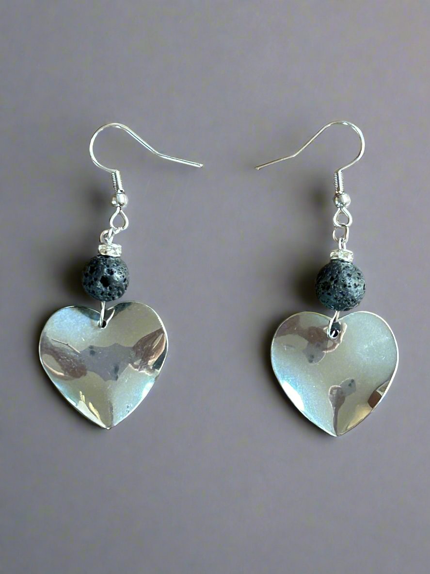Black Lava Rock Stainless Steel Drop Earrings heart shaped