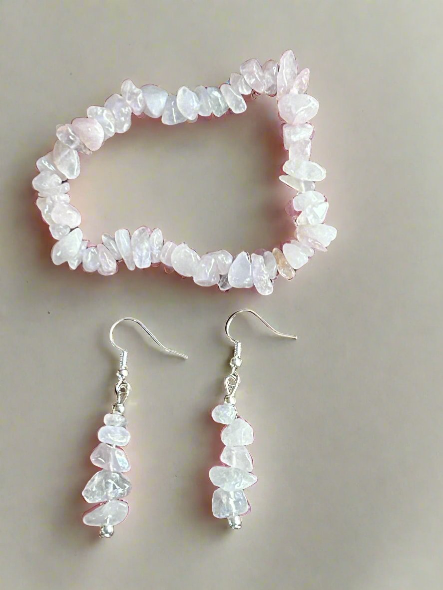 Rose Quartz Chip dangle Earrings and Bracelet Set