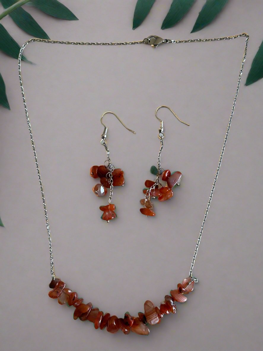 Red Agate Crystal Chip Earrings and and Necklace Set