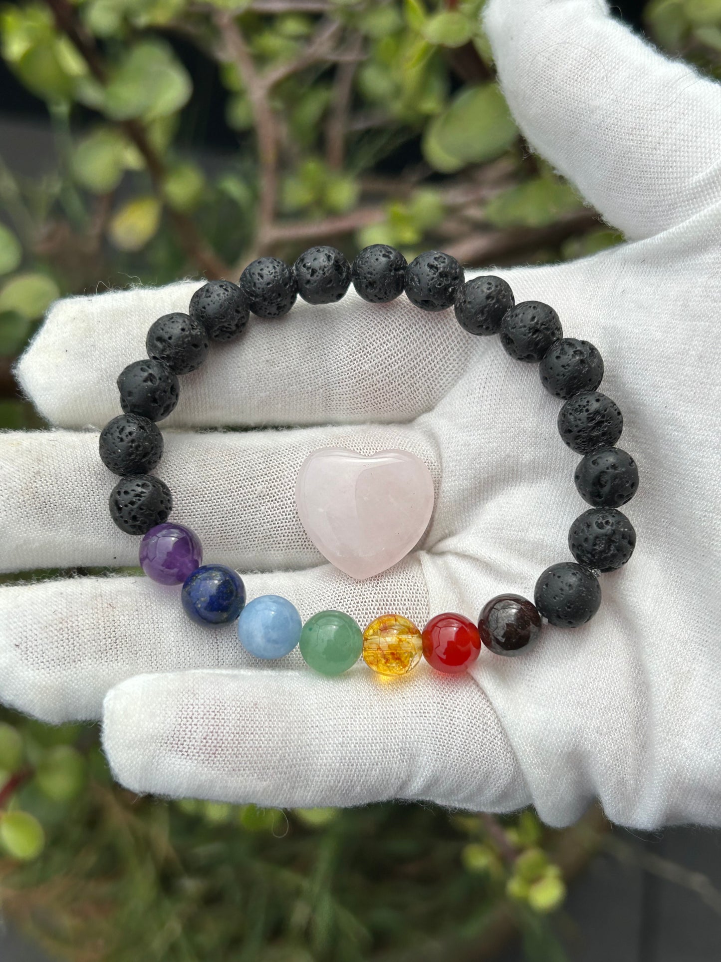 lava rock chakra bead bracelet and rose quartz heart