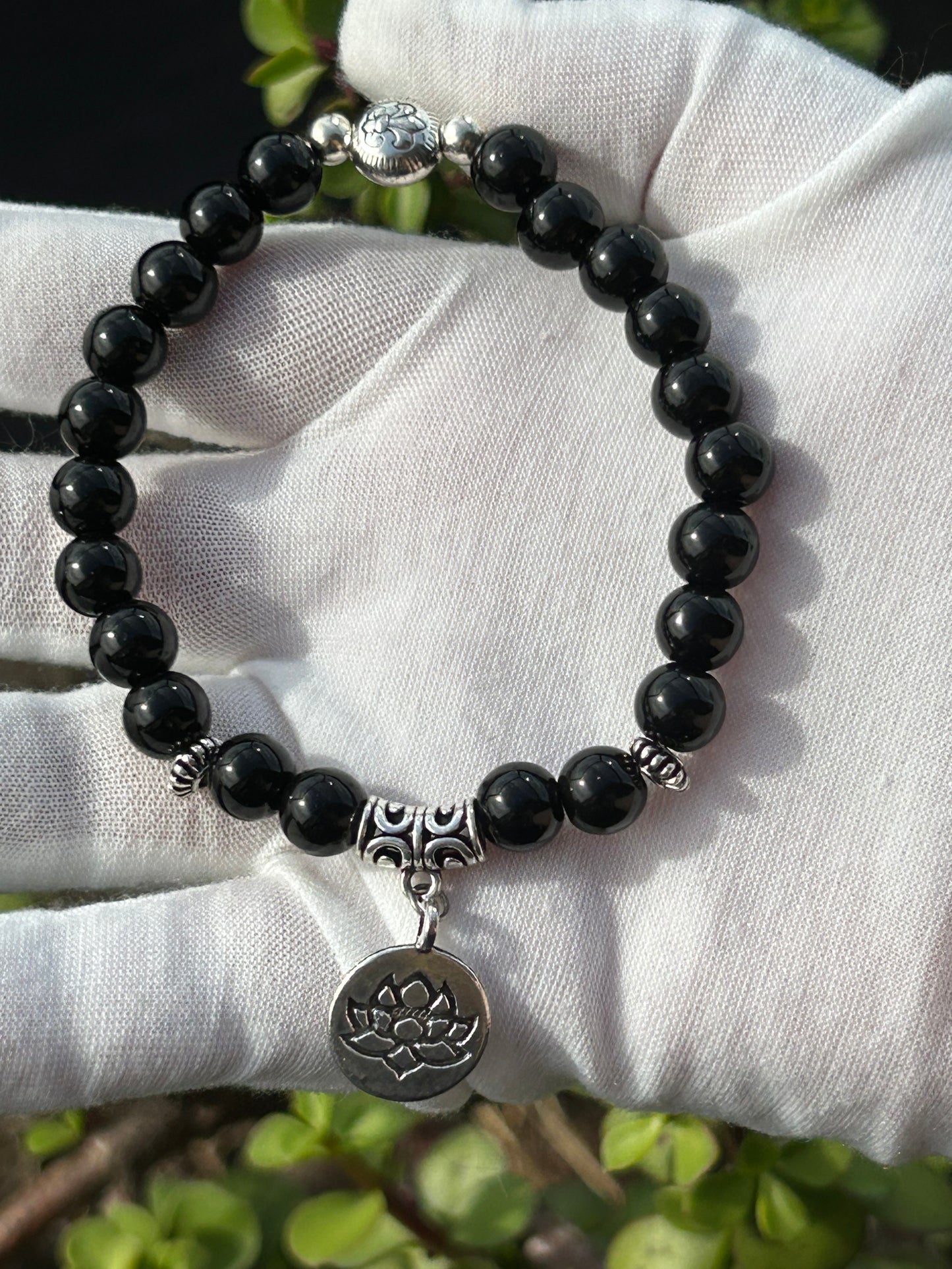 Black Onyx Bead Bracelet with Silver Tree of Life Charm