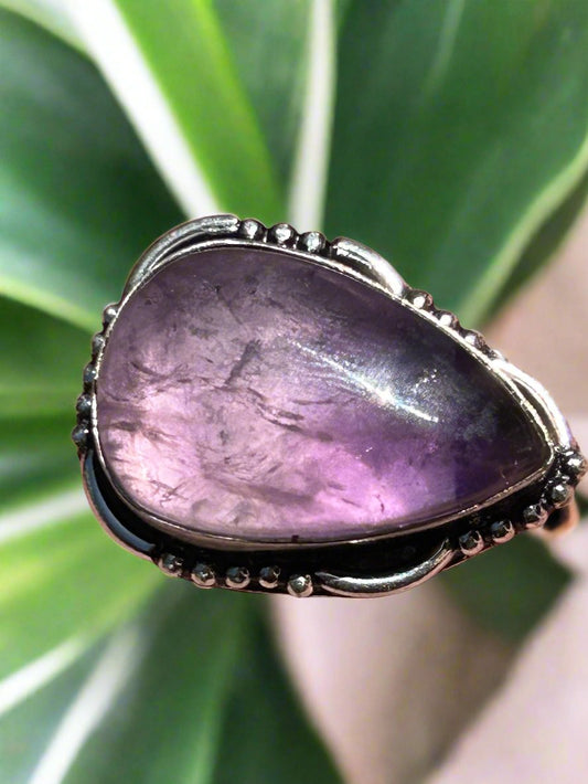 large amethyst crystal tear drop water drop ring in ornate antique silver setting