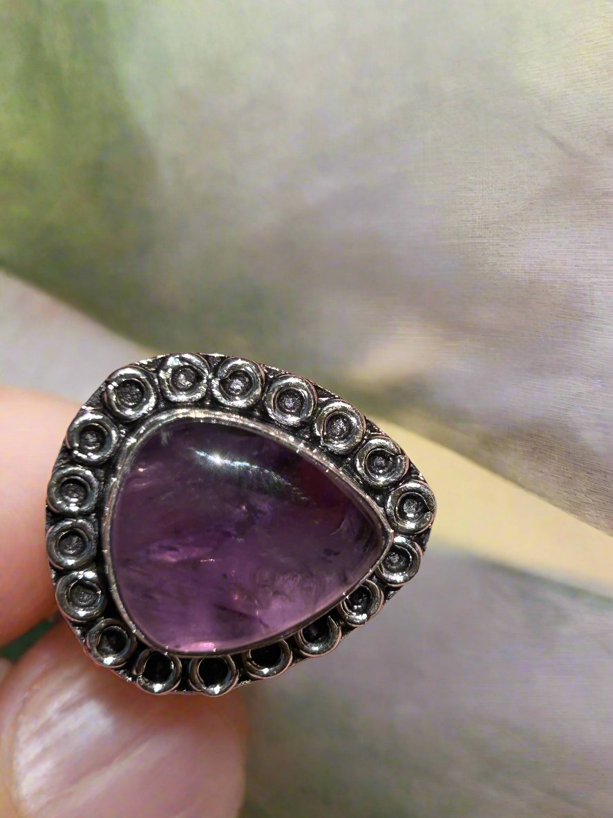 large amethyst crystal tear drop water drop ring in ornate antique silver setting