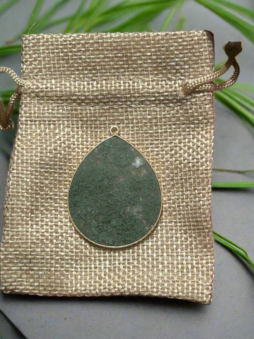 Large delicate raindrop tear drop moss agate pendant and hessian jewellery bag