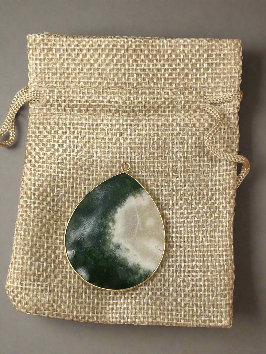 Large delicate raindrop tear drop moss agate pendant and hessian jewellery bag