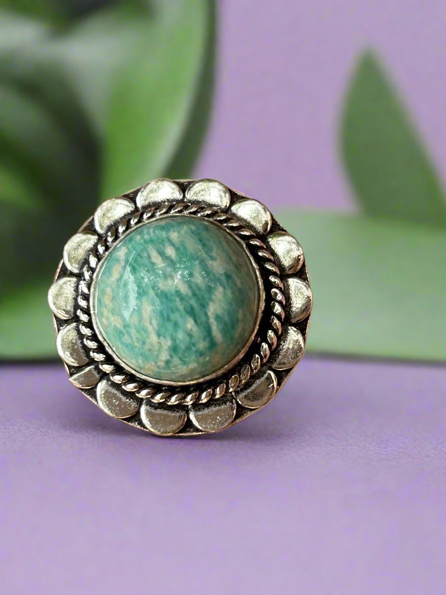 Amazonite round ring in ornate antique silver setting