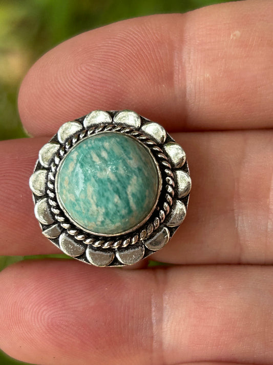 Amazonite round ring in ornate antique silver setting