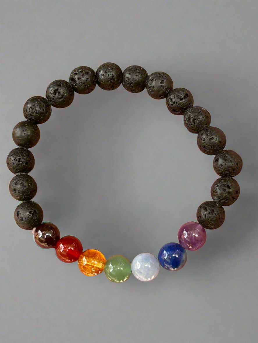 black lava rock bead and seven chakra coloured bead bracelet