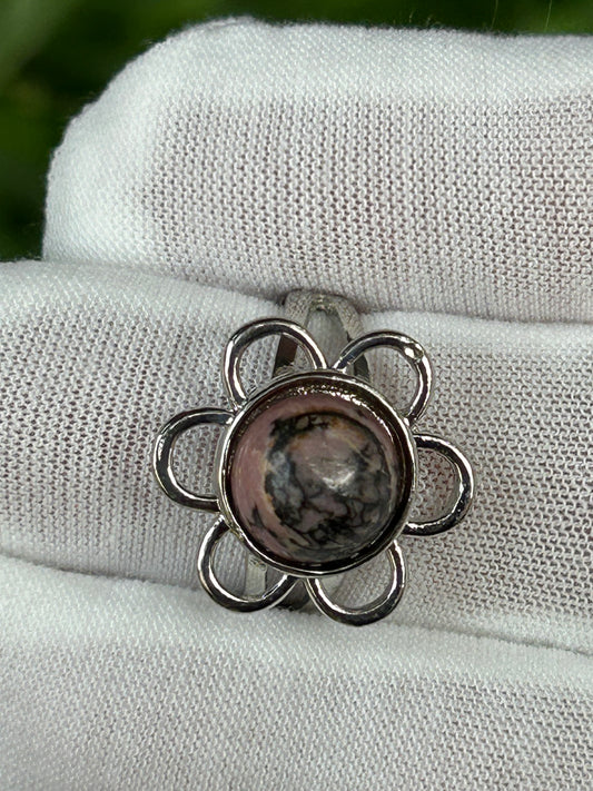 Pink and Black Round Rhodochrosite in silver flower setting adjustable ring
