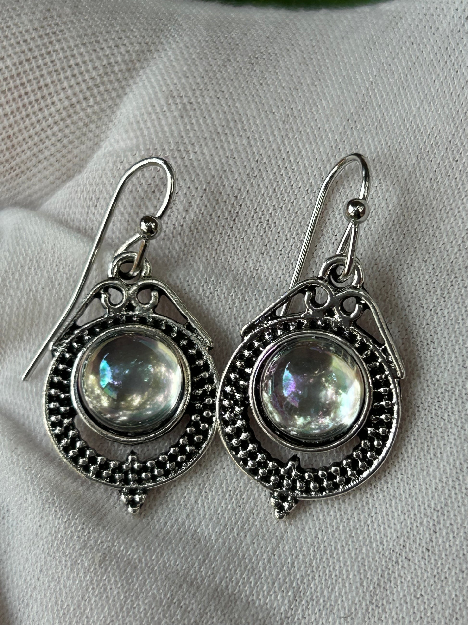 Round Moonstone Antique Silver Drop Earrings intricate circular surrounds