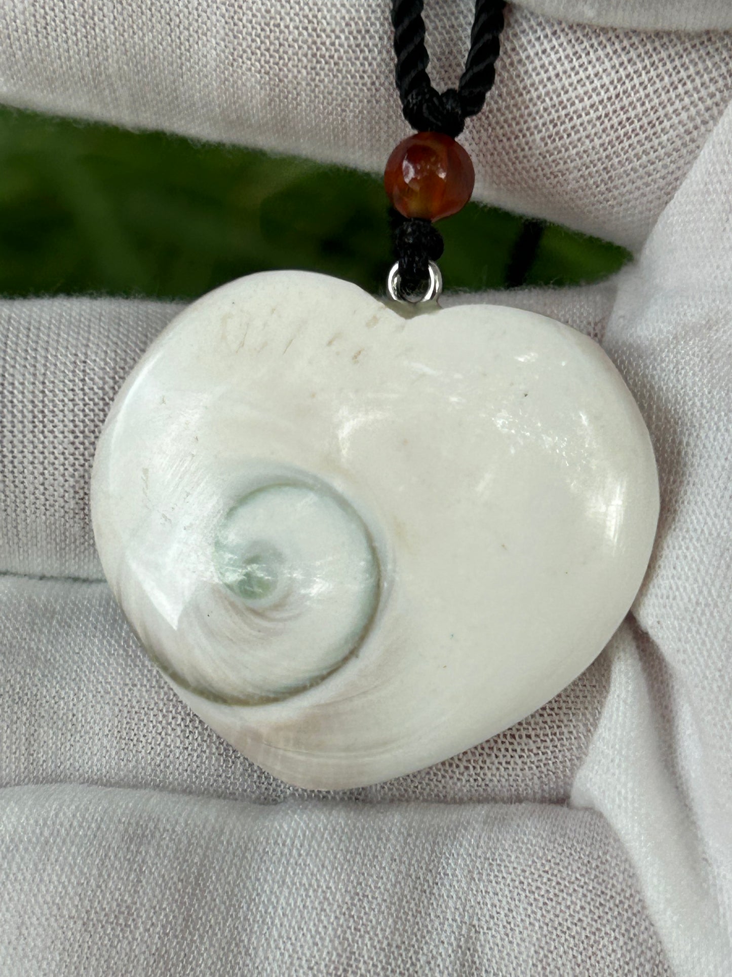 White shell pendant with swirl embedded and black cord necklace