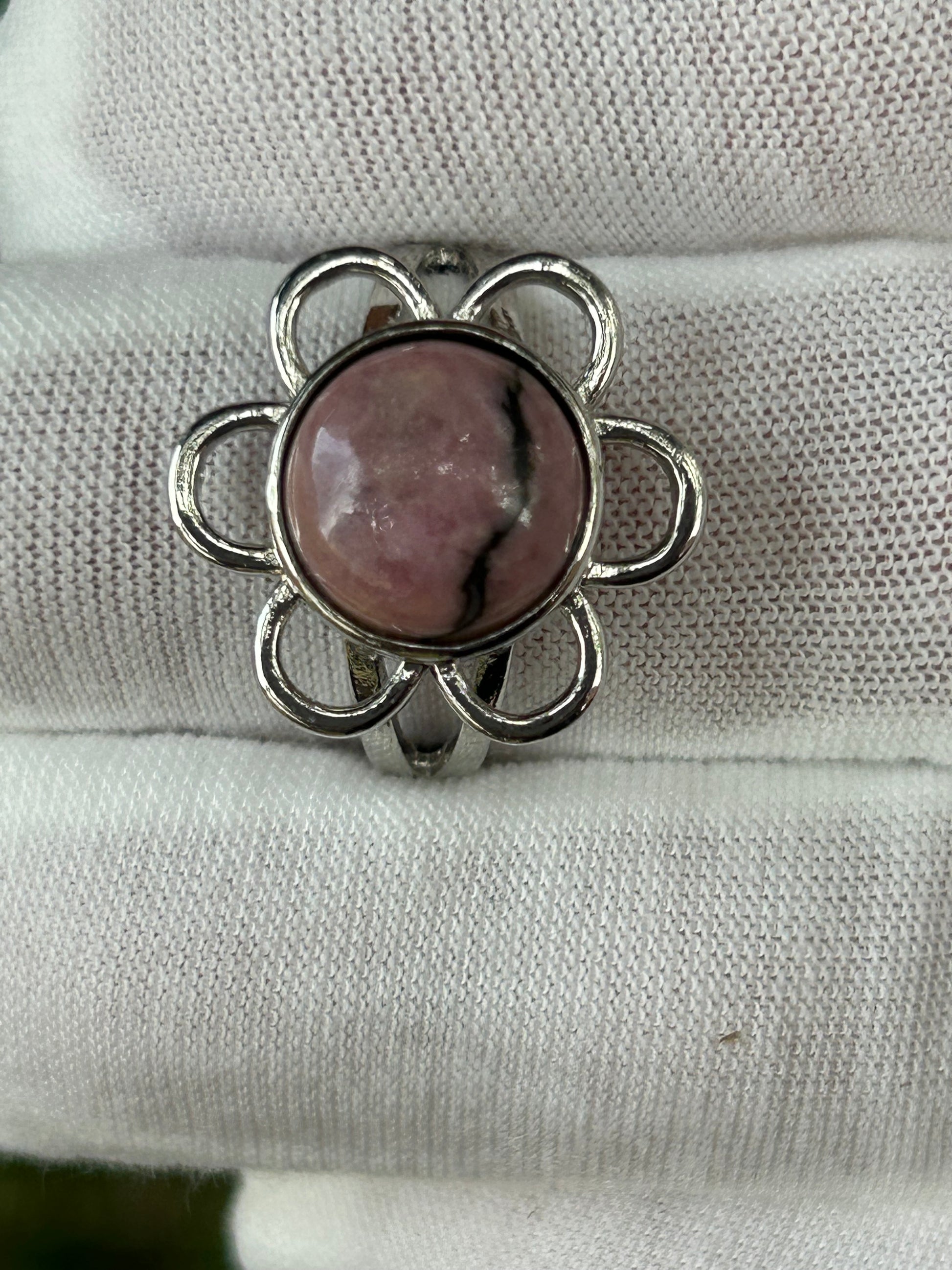 Round Rhodochrosite in silver flower setting adjustable ring