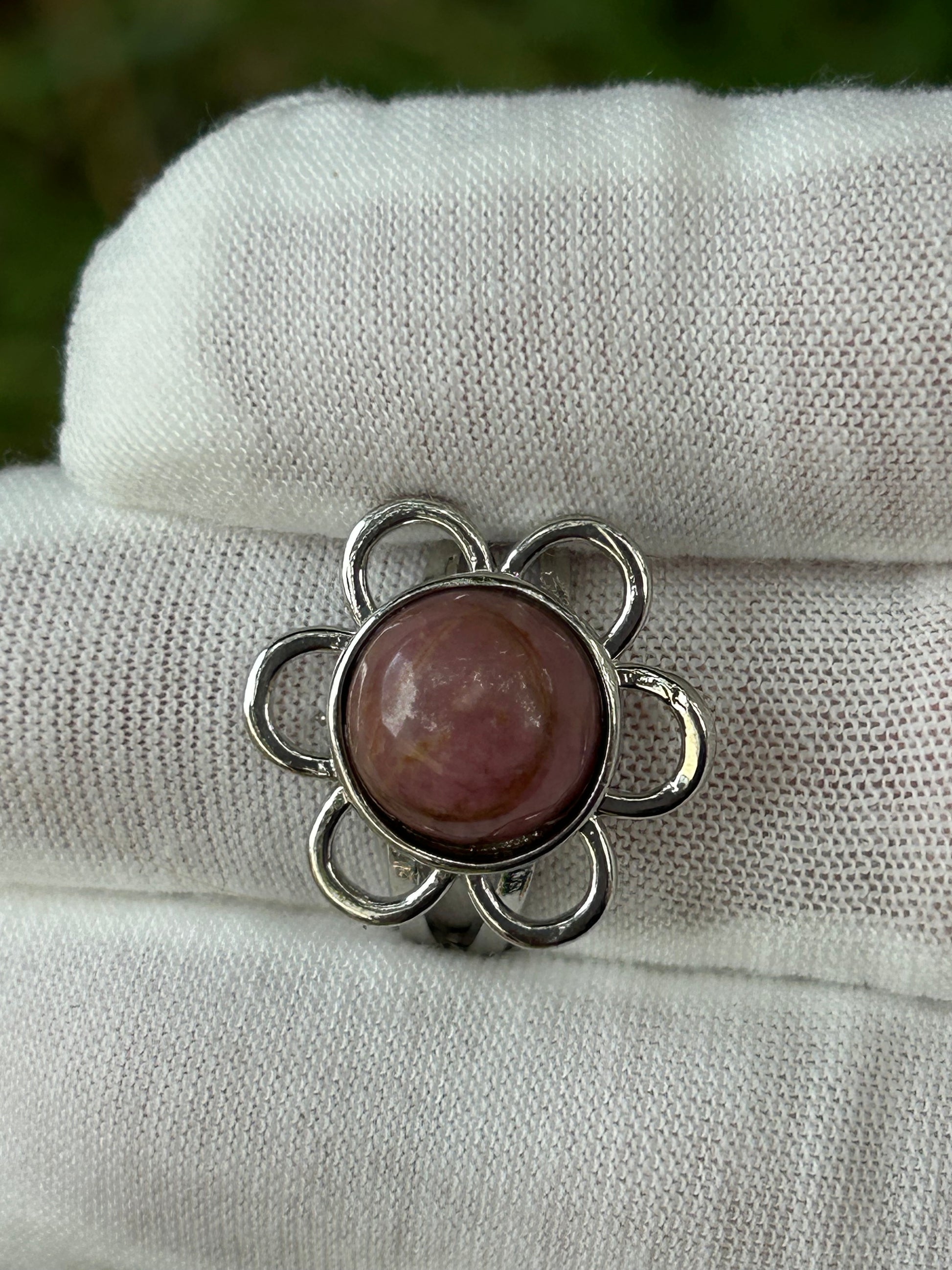 Round Rhodochrosite in silver flower setting adjustable ring