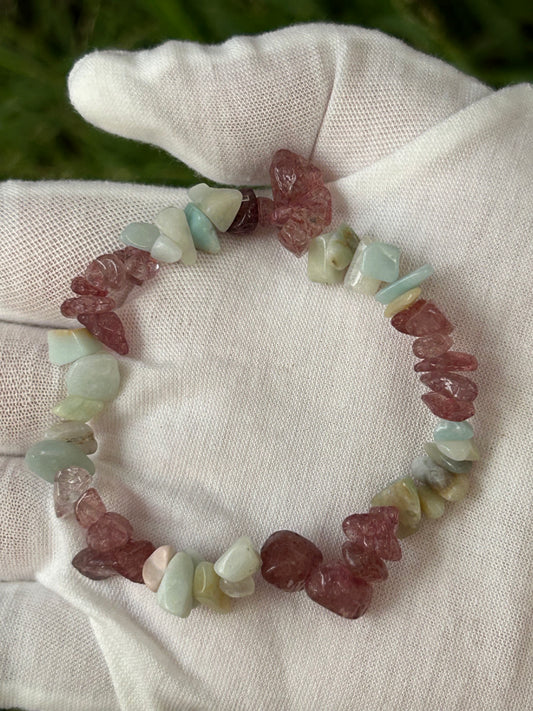 Amazonite and Strawberry Quartz raw Chip Bracelet