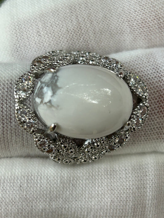 Polished Howlite  adjustable ring in silver Filagree setting