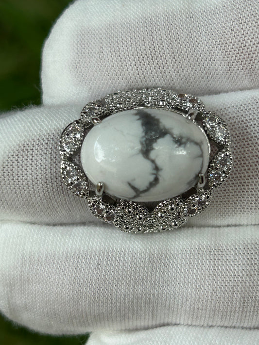 Polished Howlite  adjustable ring in silver Filagree setting