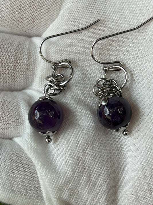 Small round amethyst crystal silver drop earrings