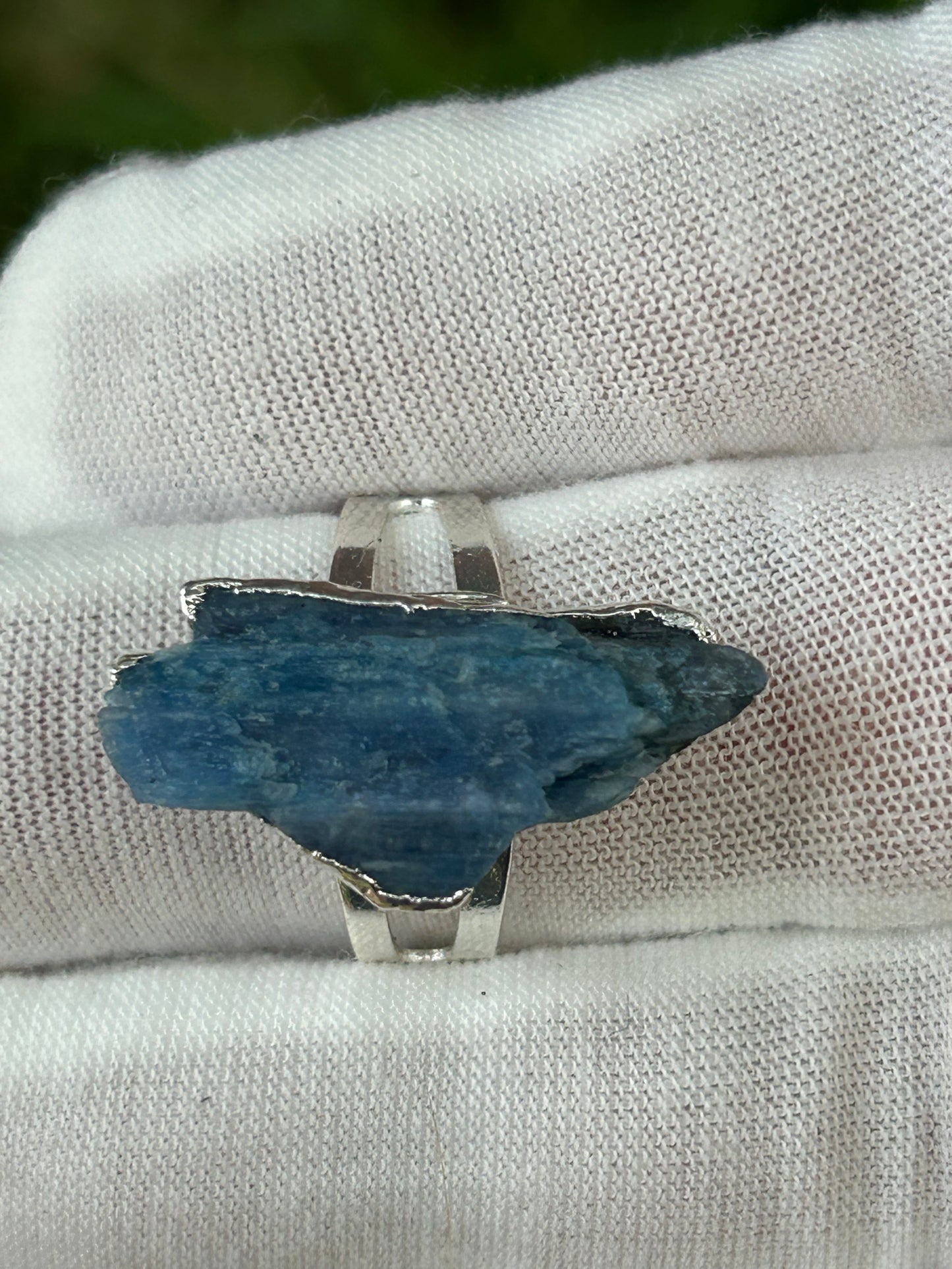 blue kyanite raw irregular shaped nugget adjustable statement ring set in silver