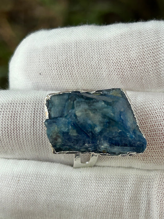 blue kyanite raw irregular shaped nugget adjustable statement ring set in silver