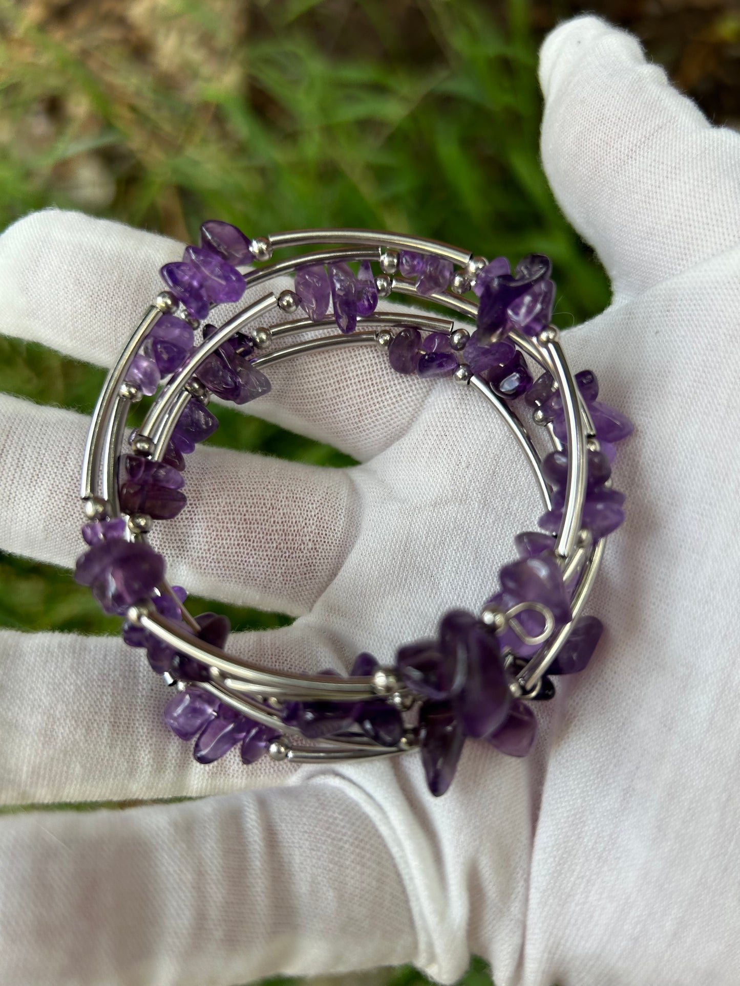 amethyst polished chip silver memory wire wrap bracelet encircles five times