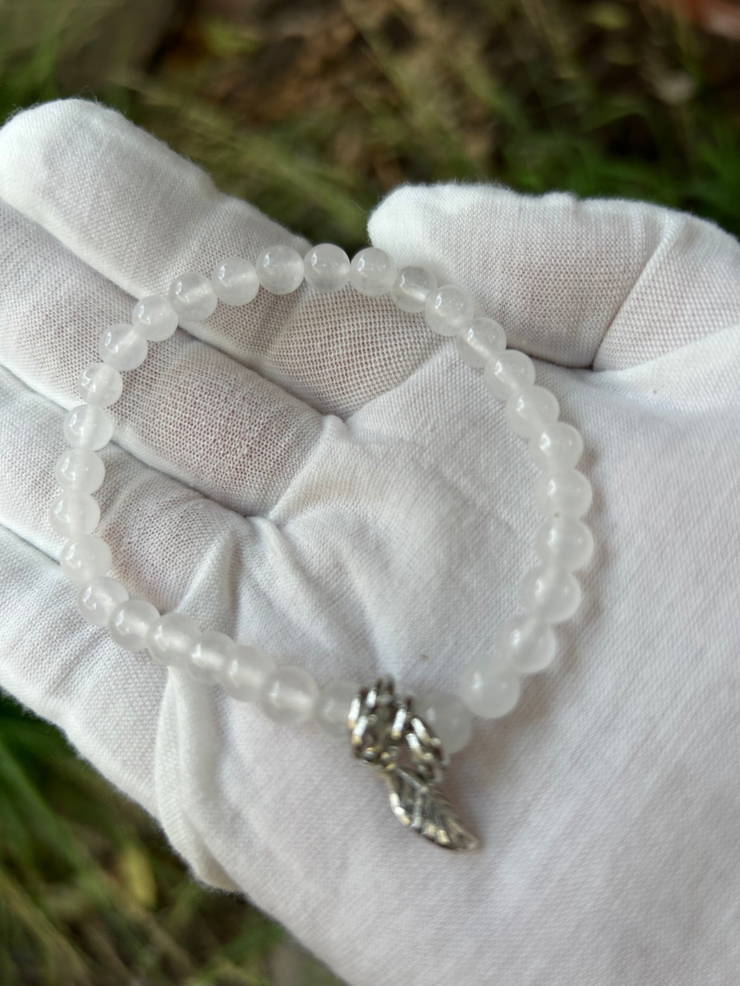 Polished White Agate Bead Bracelet with  silver Leaf Charm