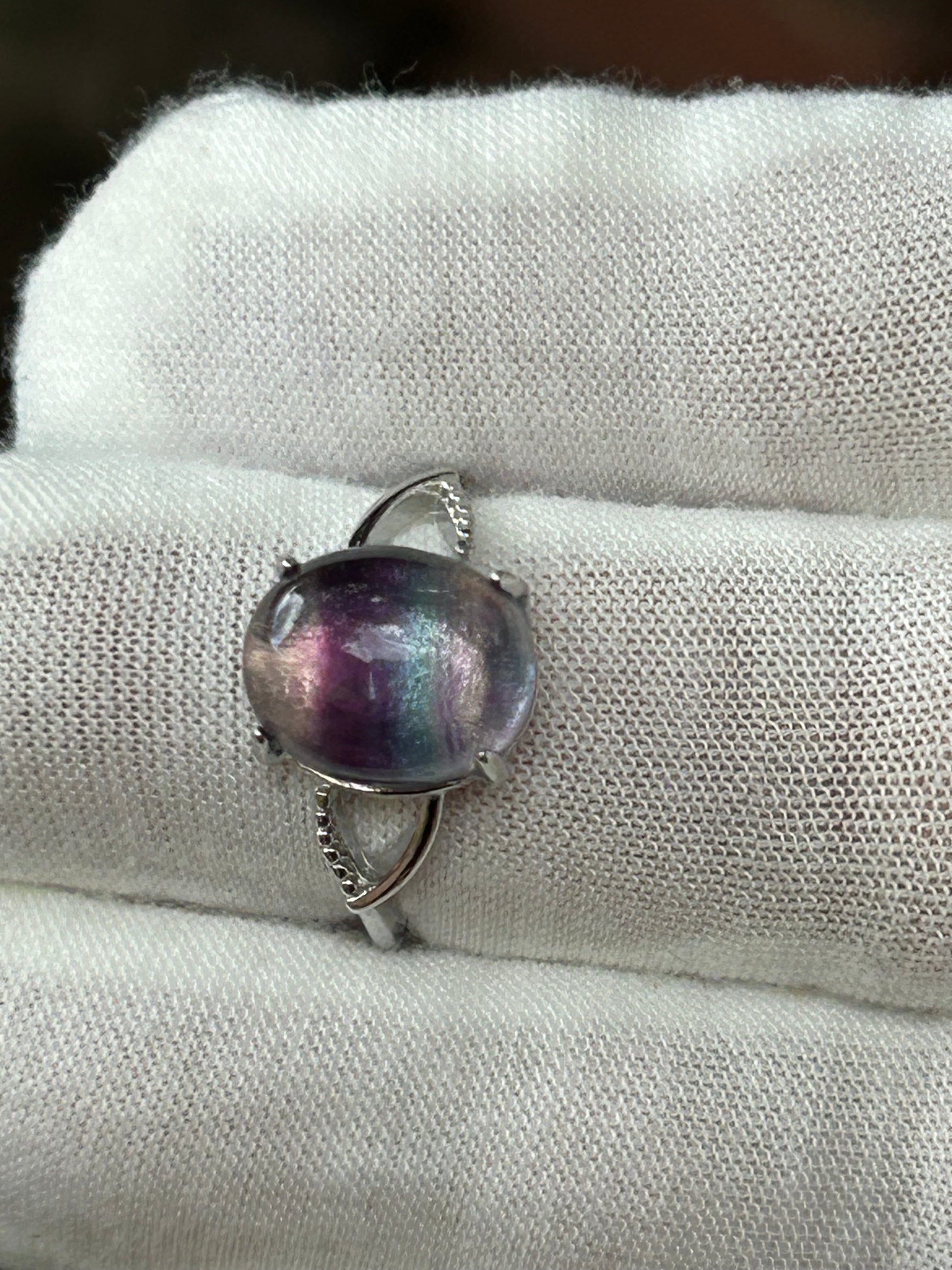 Purple pink blue tones Oval Rainbow Fluorite 925 Sterling Silver Plated Adjustable Ring