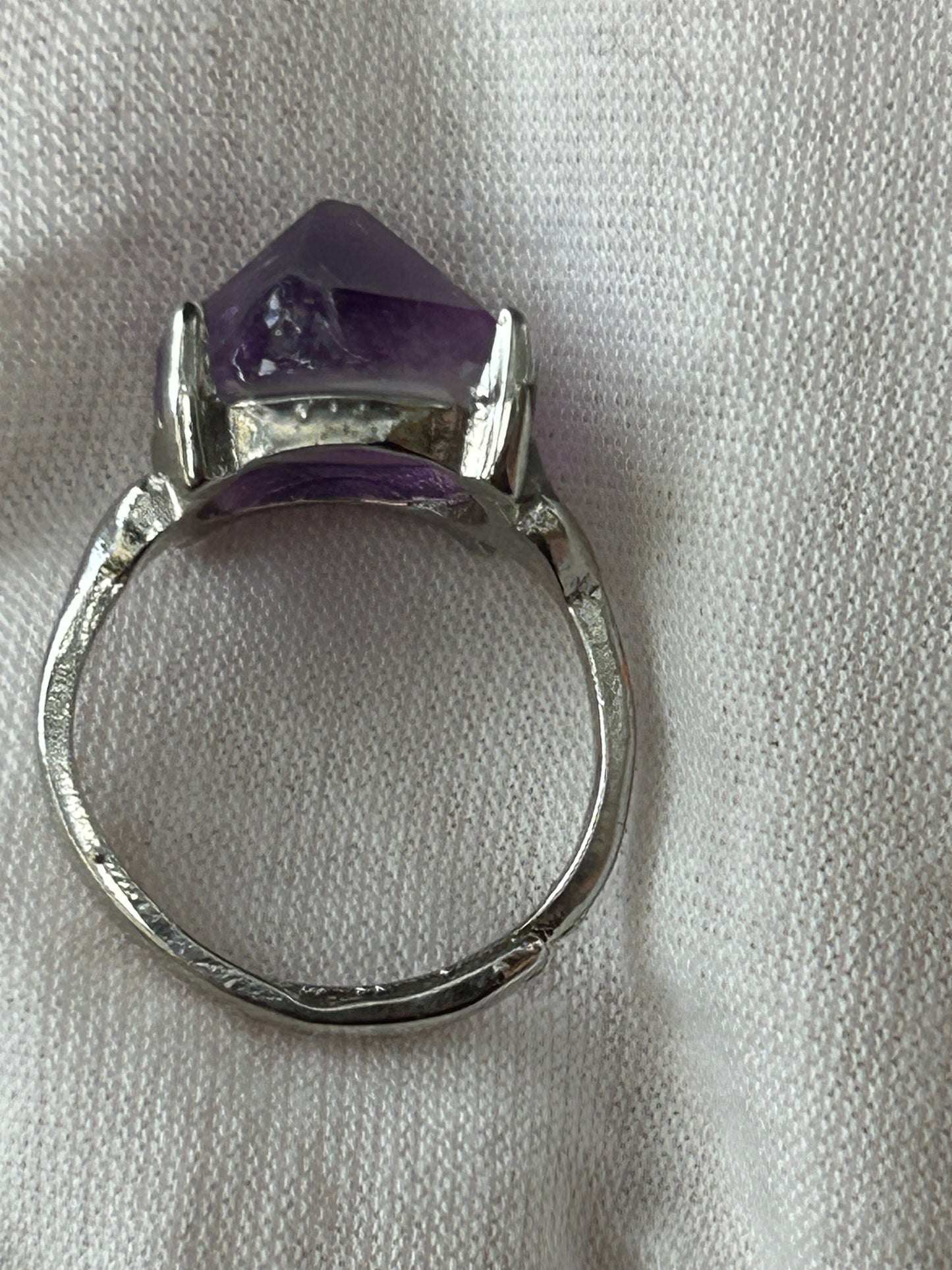 pointed raw amethyst crystal adjustable ring set in silver side view