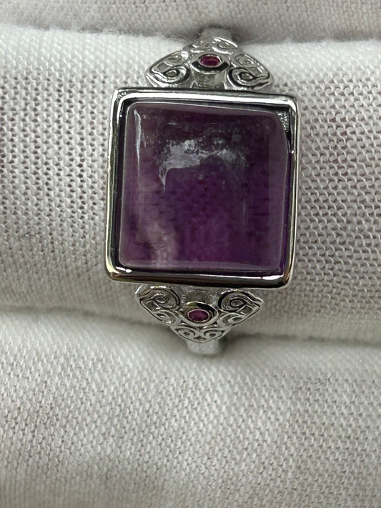 Purple square Rainbow Fluorite 925 Sterling Silver Plated  adjustable ring unique design