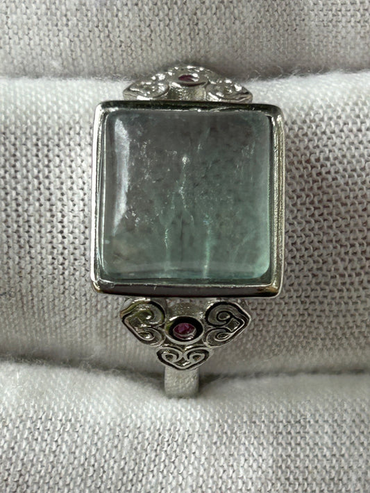 Green square Rainbow Fluorite 925 Sterling Silver Plated  adjustable ring unique designRing 