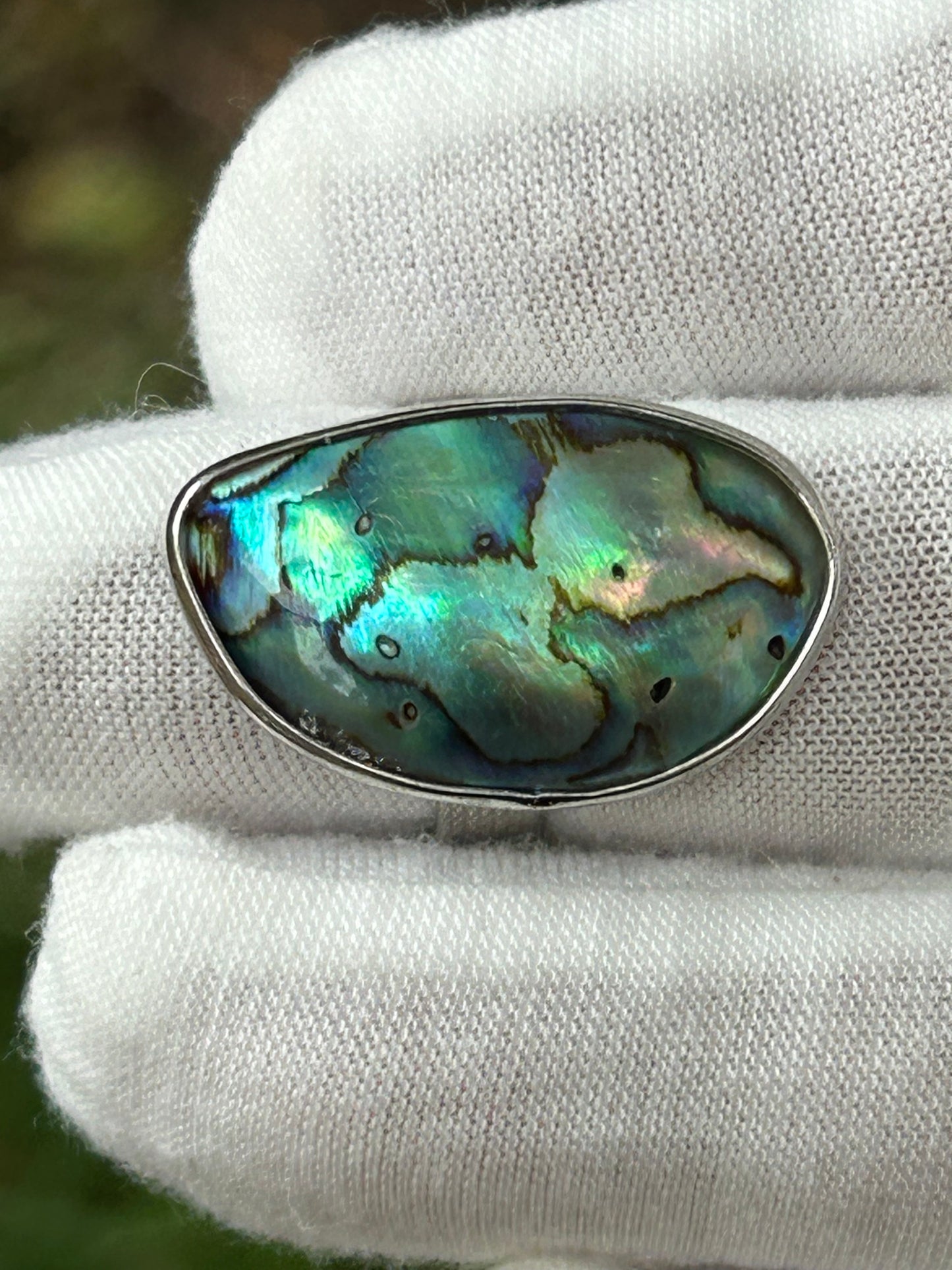 Vibrant Brightly coloured irregular shape Paua Abalone Shell adjustable ring set in silver 